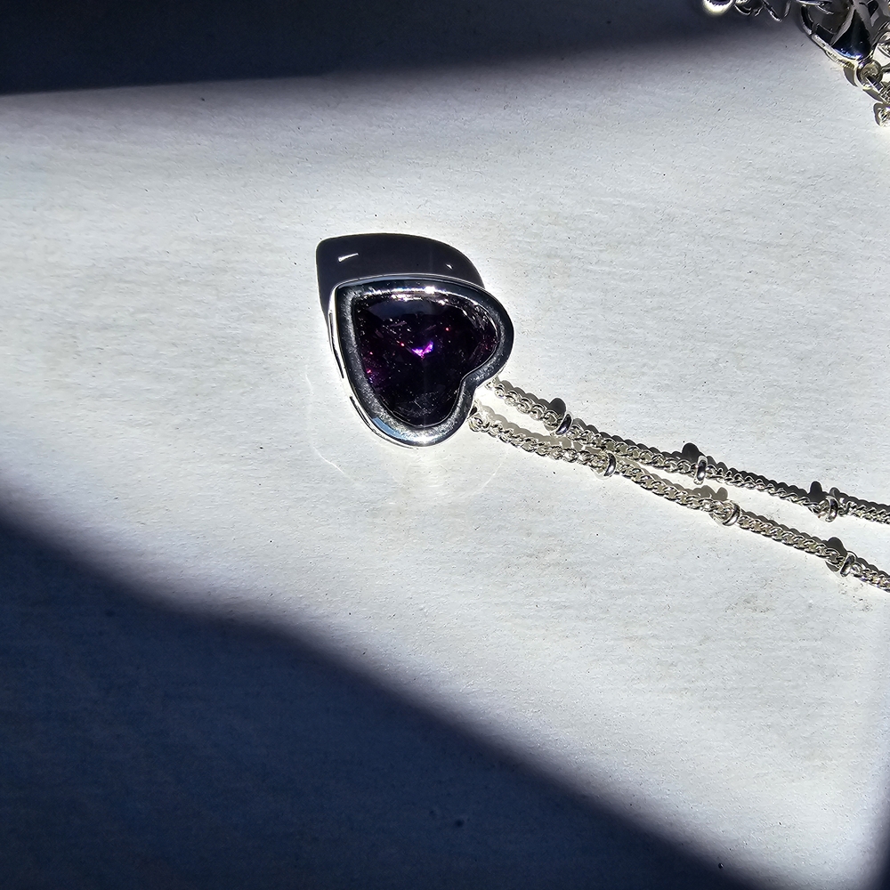 Silver Heart Pendant Necklace with Purple Stone